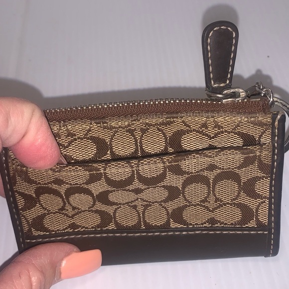 Coach Signature Jacquard Card ID Holder Key Chain Leather Trim 3x4.5" - Picture 2 of 5